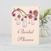 Roze bloemen Mason Jars Bridal Shower Uitnodiging (Staand voorkant)