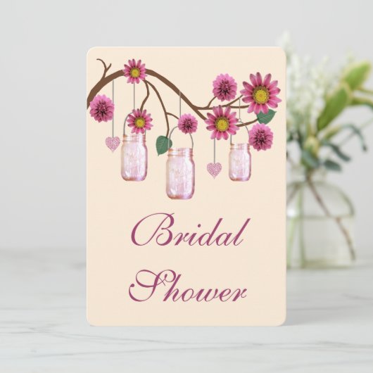 Roze bloemen Mason Jars Bridal Shower Uitnodiging (Staand voorkant)