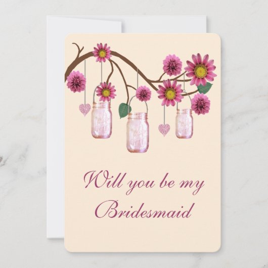 Roze bloemen Mason Jars Bridesmaid Kaart (Voorkant)