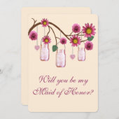 Roze bloemen Mason Jars Maid of Honor Kaart (Voorkant / Achterkant)