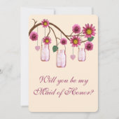 Roze bloemen Mason Jars Maid of Honor Kaart (Voorkant)
