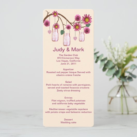 Roze bloemen Mason Jars Menu Kaart (Staand voorkant)