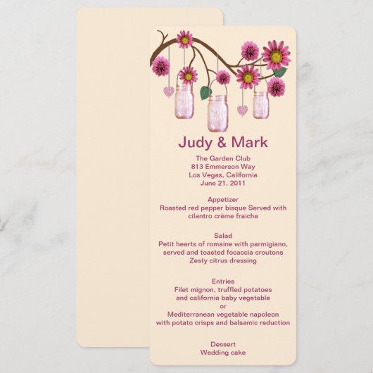 Roze bloemen Mason Jars Menu Kaart (Voorkant / Achterkant)