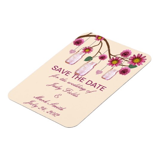 Roze bloemen Mason Jars sparen de Datum Magnet Magneet (Linkerzijde)