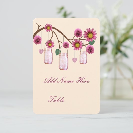 Roze bloemen Mason Jars Table Place card Kaart (Staand voorkant)
