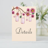 Roze bloemen Mason Jars Wedding Details Informatiekaartje (Staand voorkant)