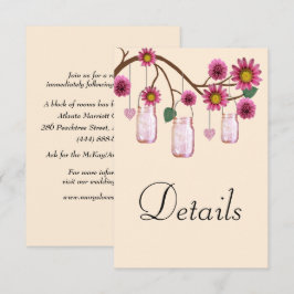 Roze bloemen Mason Jars Wedding Details Informatiekaartje