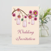 Roze bloemen Mason Jars Wedding Uitnodiging (Staand voorkant)