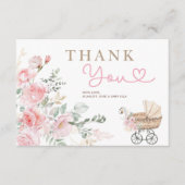 Roze Bloemen Meisje Baby Carriage Shower Dank u Informatiekaartje (Voorkant)