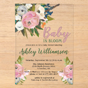 Roze bloemen Meisje Baby in bloei Handgeschilderd Acryl Uitnodigingen