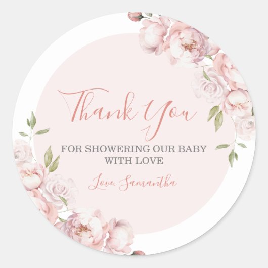 Roze Bloemen Meisje Baby in Bloom Bedankt Ronde Sticker (Voorkant)
