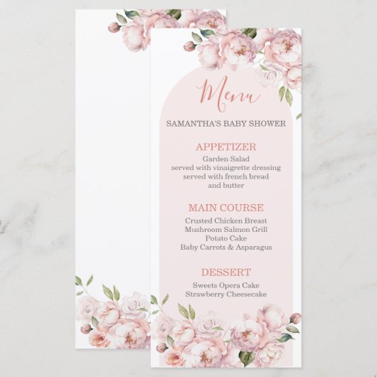 Roze Bloemen Meisje Baby shower Baby in Bloom Menu (Voorkant / Achterkant)