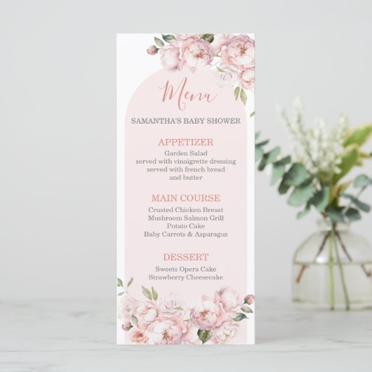 Roze Bloemen Meisje Baby shower Baby in Bloom Menu (Staand voorkant)
