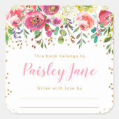 Roze Bloemen Meisje Baby shower Bookplate Vierkante Sticker (Voorkant)
