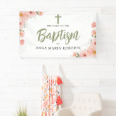 Roze bloemen Meisje Baptisme Green Welkom Spandoek (Insitu)