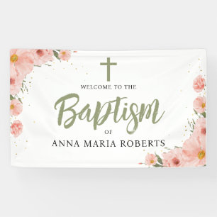 Roze bloemen Meisje Baptisme Green Welkom Spandoek