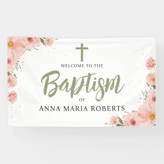 Roze bloemen Meisje Baptisme Green Welkom Spandoek (Horizontaal)