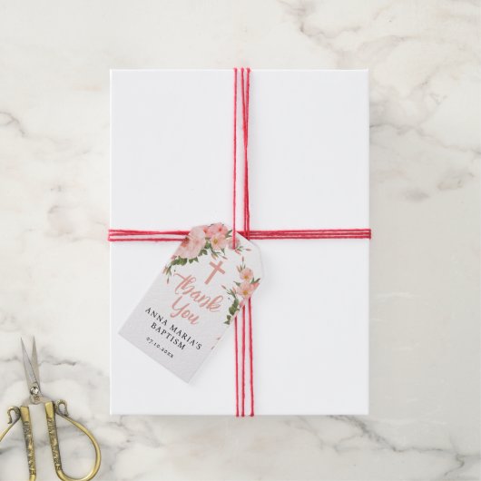 Roze bloemen Meisje Baptisme Hartelijk dank Cadeaulabel (Met Touw)