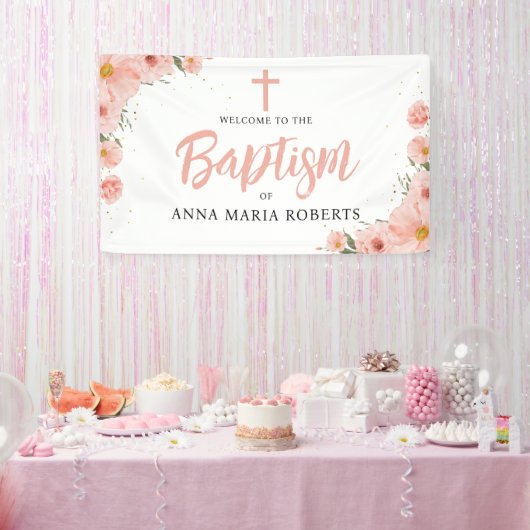 Roze bloemen Meisje Baptisme Welkom Spandoek (Feest)