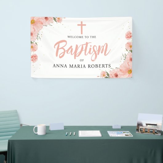 Roze bloemen Meisje Baptisme Welkom Spandoek (Beurs)