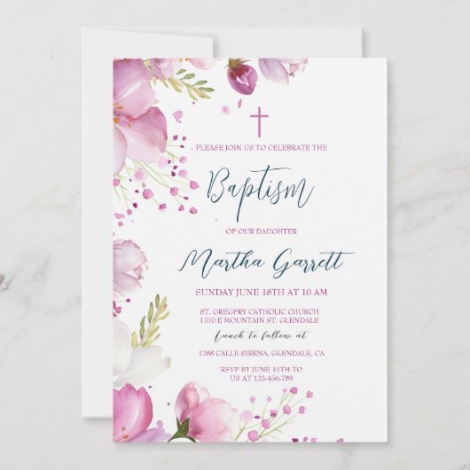 Roze Bloemen Meisje Doop Doop Doop Kaart (Voorkant)