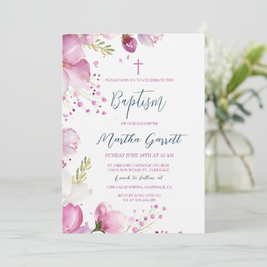 Roze Bloemen Meisje Doop Doop Doop Kaart (Staand voorkant)