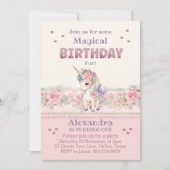 Roze Bloemen Meisje Eenhoorn 1e Verjaardagsfeest Kaart (Voorkant)