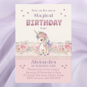 Roze Bloemen Meisje Eenhoorn 1e Verjaardagsfeest Kaart