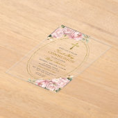 Roze Bloemen Meisje Eerste Heilige Communie Gouden Acryl Uitnodigingen (Laagn)