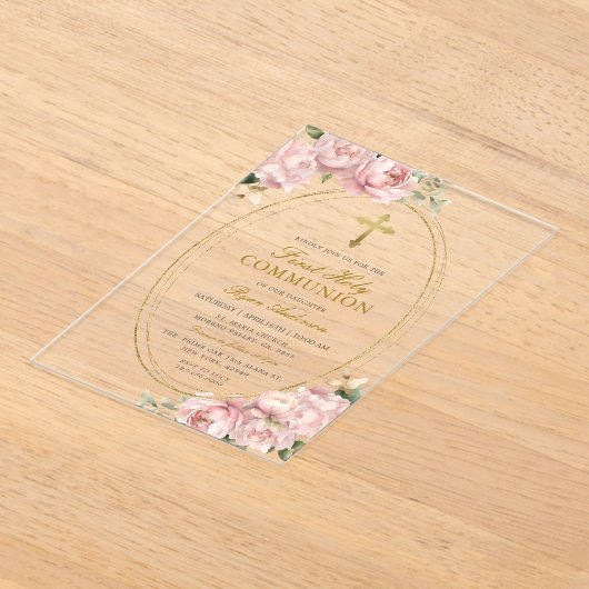 Roze Bloemen Meisje Eerste Heilige Communie Gouden Acryl Uitnodigingen (Laagn)