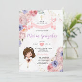 Roze Bloemen Meisje Eerste Heilige Communie Gouden Kaart (Staand voorkant)