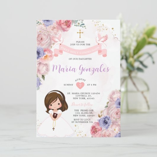 Roze Bloemen Meisje Eerste Heilige Communie Gouden Kaart (Staand voorkant)