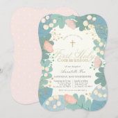 Roze Bloemen Meisje Eerste Heilige Communie Kaart (Voorkant / Achterkant)