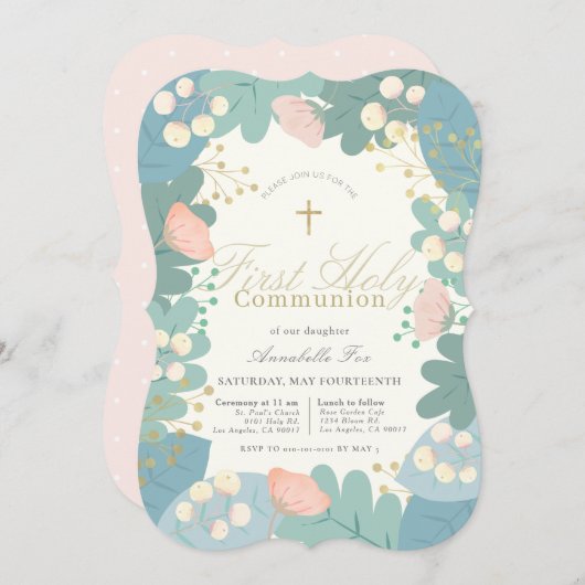 Roze Bloemen Meisje Eerste Heilige Communie Kaart (Voorkant / Achterkant)