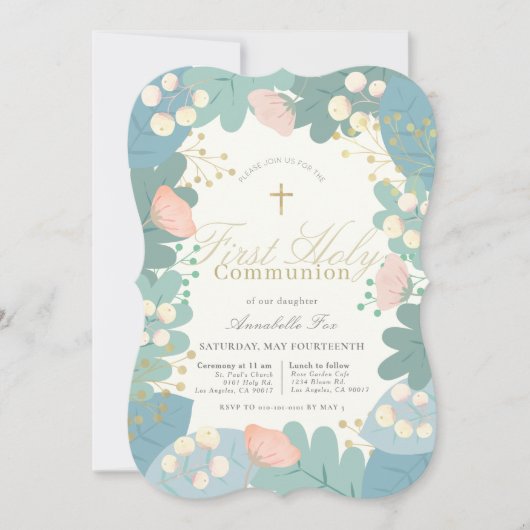 Roze Bloemen Meisje Eerste Heilige Communie Kaart (Voorkant)