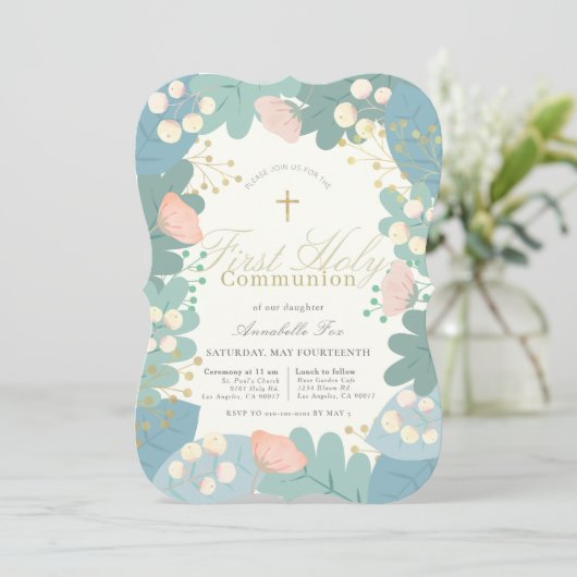 Roze Bloemen Meisje Eerste Heilige Communie Kaart (Staand voorkant)