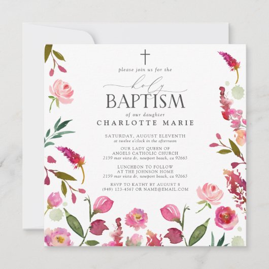Roze Bloemen Meisje Heilig Doopsel Waterverven Kaart (Voorkant)