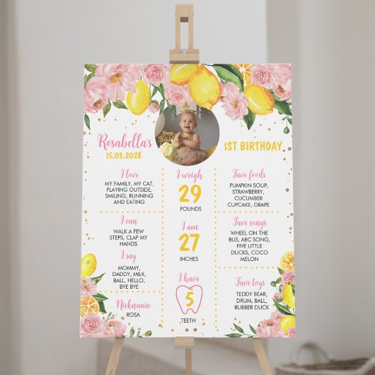 Roze Bloemen Meisje Lemon 1e Verjaardag Milestone Poster