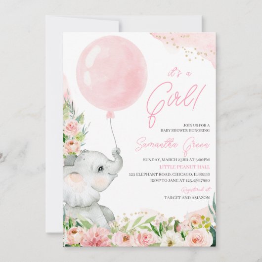Roze Bloemen Meisje Olifant Baby shower Kaart (Voorkant)