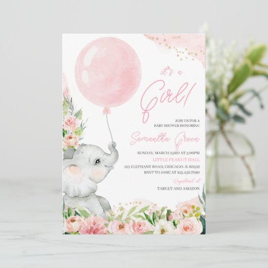Roze Bloemen Meisje Olifant Baby shower Kaart (Staand voorkant)