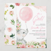 Roze Bloemen Meisje Olifant Baby shower Kaart (Voorkant / Achterkant)