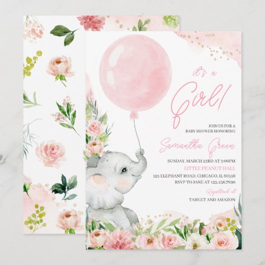 Roze Bloemen Meisje Olifant Baby shower Kaart (Voorkant / Achterkant)