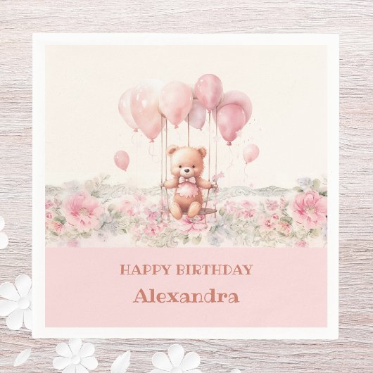 Roze Bloemen Meisje Schattige Teddy Verjaardagsfee Servet