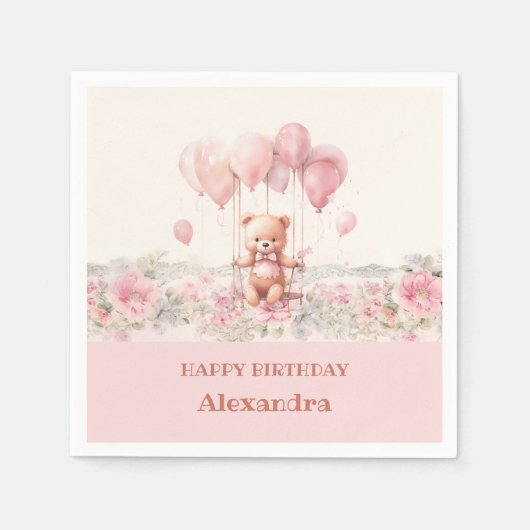 Roze Bloemen Meisje Schattige Teddy Verjaardagsfee Servet (Voorkant)