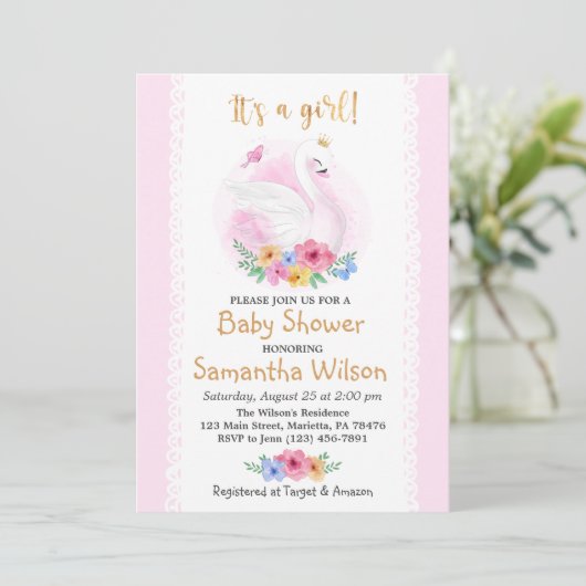 Roze Bloemen Meisje Schattige Zwaan Prinses Baby s Kaart (Staand voorkant)