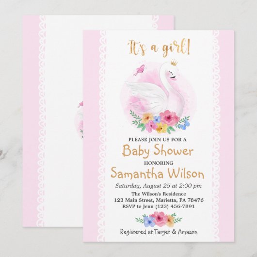 Roze Bloemen Meisje Schattige Zwaan Prinses Baby s Kaart (Voorkant / Achterkant)