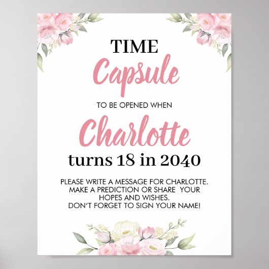 Roze Bloemen Meisje Verjaardag Tijd Capsule Teken Poster (Voorkant)