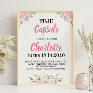 Roze Bloemen Meisje Verjaardag Tijd Capsule Teken Poster