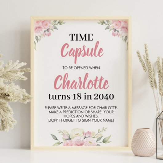 Roze Bloemen Meisje Verjaardag Tijd Capsule Teken Poster