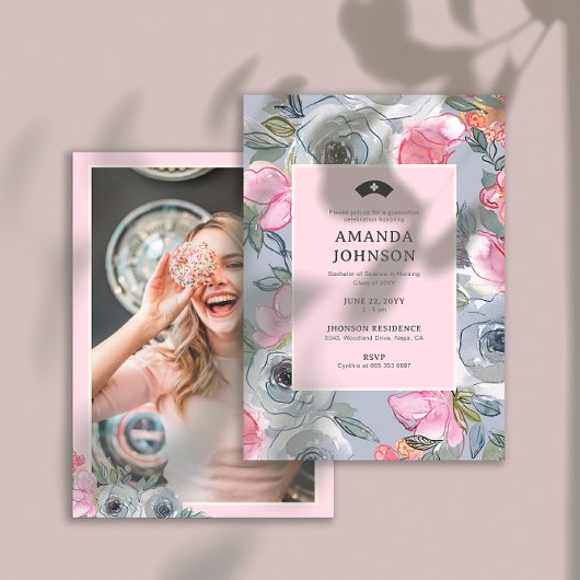 Roze Bloemen Meisje Verpleging Foto (Terug) Afstud Kaart